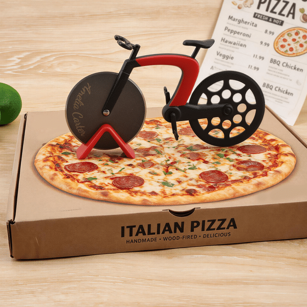 Personalized Multicolor Creative Bicycle Pizza Cutter with Text Kitchen Gadget Home Cooking Birthday Gift for Cycling & Pizza Enthusiasts