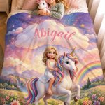 Personalised 3D Cartoon Clouds Fantasy Unicorn Soft Throw Blanket with Name Photo Children's Day Birthday Gift for Girl Kids