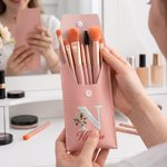 Personalized Birth Flower Mother of Pearl Design Initial Makeup Brush Bag Cosmetic Brush Set with Name Birthday Party Gift for Women