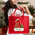Borsa tote in juta rossa a grande capienza con iniziale personalizzata a tema natalizio e nome: regalo per feste natalizie per familiari, amici e bambini