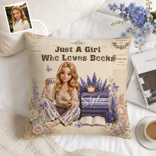 Personalized 3D-Effect Artwork Birth Flower Book Character Throw Pillow Cover with Photo Text and Name Home Decor Birthday Gift for Bookworm