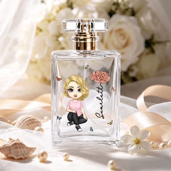Flacon de parfum rechargeable en verre personnalisé, orné d'une fleur de naissance raffinée et d'un personnage de dessin animé, avec prénom – Proposition de demoiselle d'honneur – Cadeau d'anniversair