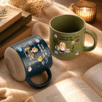 Personalized Cartoon Reading Character Birth Flower 12 oz Pottery Cup with Name Daily Use Birthday Book Club Gift for Book Lovers Bookworms