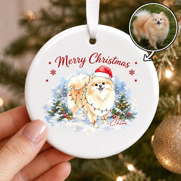 Personalized Watercolor Style Christmas Lights Pet Portrait Circle Heart Ceramic Ornament with Name Home Decor Christmas Gift for Pet Owners