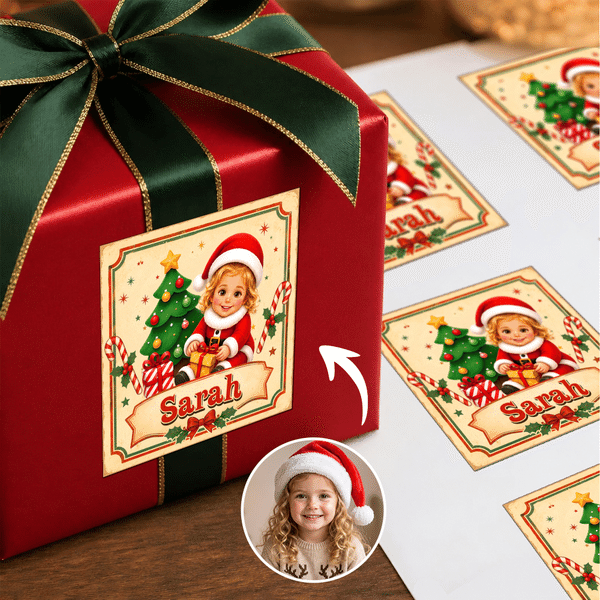 Autocollants photo personnalisés avec effet 3D représentant le Père Noël en personnage de dessin animé, avec prénom – Cadeau de Noël pour la famille et les enfants