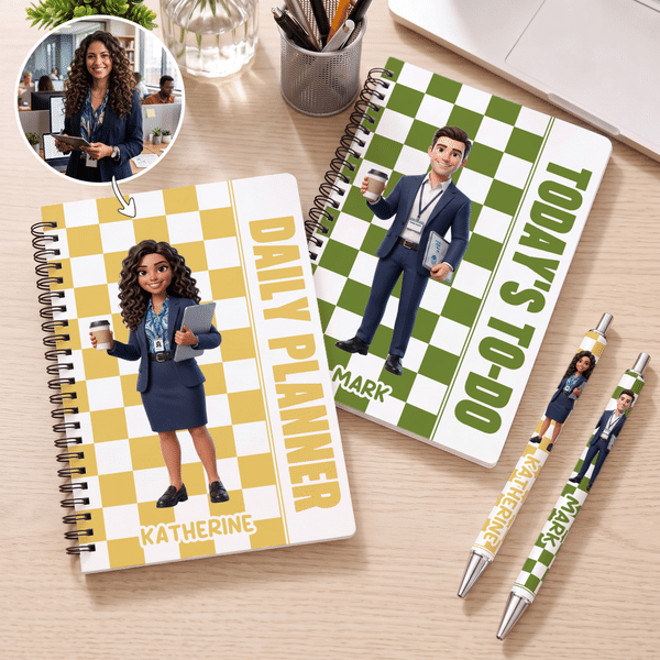 Personalized Checkered 3D-Style Character Artwork Photo A5 Portable Spiral Notebook with Name Office Use Birthday Gift for Coworkers Teachers