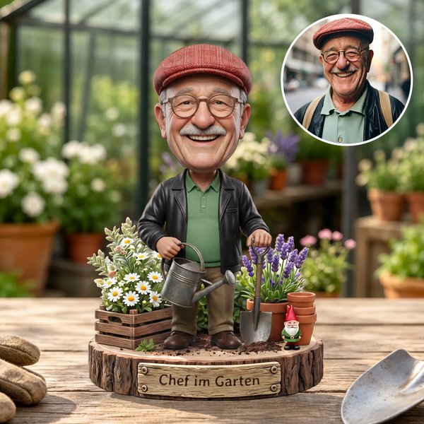 Personalisierter 3D-Optik Holzaufsteller mit Cartoon-Gärtner nach Foto & Wunschtext | Erntedankfest & Dankeschön Geschenk für Gärtner & Gartenfreund