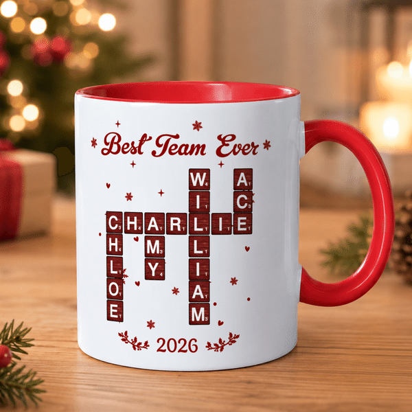 Personalized Multicolor Snowflake Crossword Puzzle Art 11/15 oz Ceramic Mug with Text Name and Year Daily Use Christmas Gift for Family Members