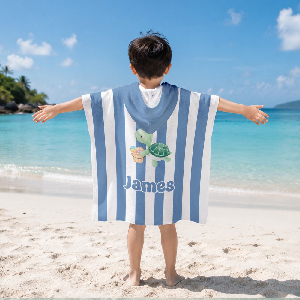 Personalized Cute Cartoon Pattern Multicolor Stripe Quick Drying Hooded Beach Towel with Name Travel Beach Use Birthday Gift for Kids Family 3