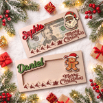 Personalized Merry Christmas Cute Cartoon Pattern Wooden Money Holder with Name Holiday Party Favors Christmas Gift for Kids Family