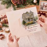 Gepersonaliseerde wenskaart met aquarelfoto: portret voor een nieuw huis, met tekst – cadeau voor een housewarming, jubileum of Kerstmis voor nieuwe huiseigenaren en pasgetrouwden