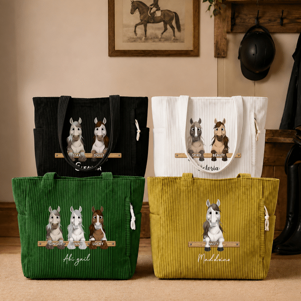 Personalised Horse Theme Large Capacity Corduroy Tote Bag with Name Travel Essential Birthday Gift for Horse Lovers