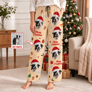 Personalized Merry Christmas Santa Hat Pet Photo Soft Pajama Pants Family Gathering Christmas Gift for Pet Lover