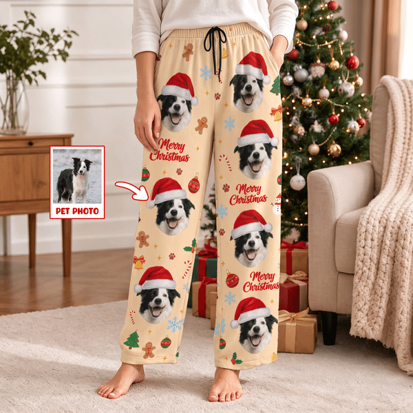 Personalised Merry Christmas Santa Hat Pet Photo Soft Pyjama Pants Family Gathering Christmas Gift for Pet Lover