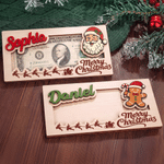 Personalized Merry Christmas Cute Cartoon Pattern Wooden Money Holder with Name Holiday Party Favors Christmas Gift for Kids Family
