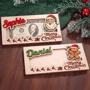 Personalized Merry Christmas Cute Cartoon Pattern Wooden Money Holder with Name Holiday Party Favors Christmas Gift for Kids Family