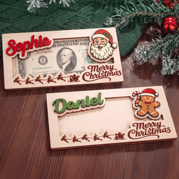 Personalized Merry Christmas Cute Cartoon Pattern Wooden Money Holder with Name Holiday Party Favors Christmas Gift for Kids Family