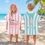 Personalized Cute Cartoon Pattern Multicolor Stripe Quick Drying Hooded Beach Towel with Name Travel Beach Use Birthday Gift for Kids Family 1