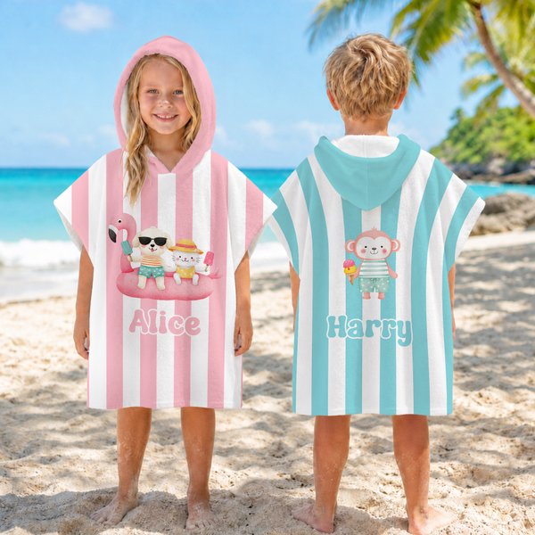 Personalised Cute Cartoon Pattern Multicolour Stripe Quick Drying Hooded Beach Towel with Name Travel Beach Use Birthday Gift for Kids Family