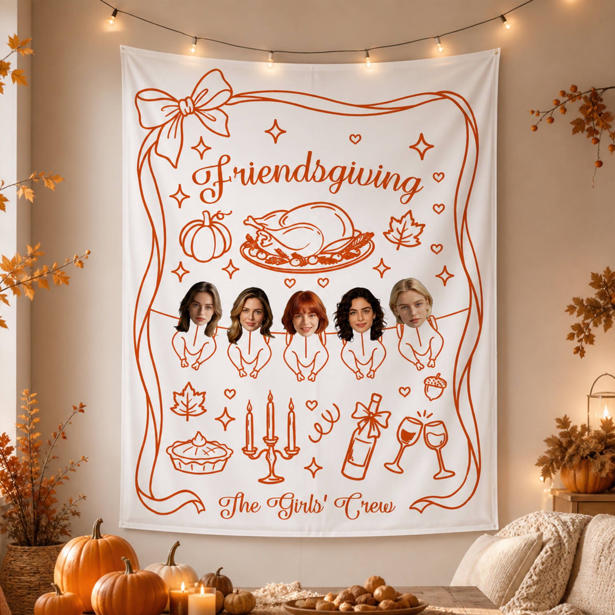 Personalized 2-20 Face Photos Turkey Pumpkin Banner with Title and Text Party Backdrop Decor Thanksgiving Day Friendsgiving Gift for Family Friends