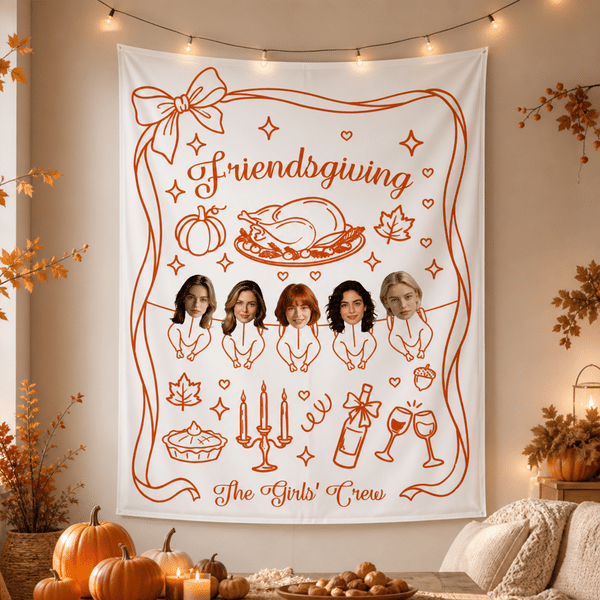 Personalised 2-20 Face Photos Turkey Pumpkin Banner with Title and Text Party Backdrop Decor Thanksgiving Day Friendsgiving Gift for Family Friends