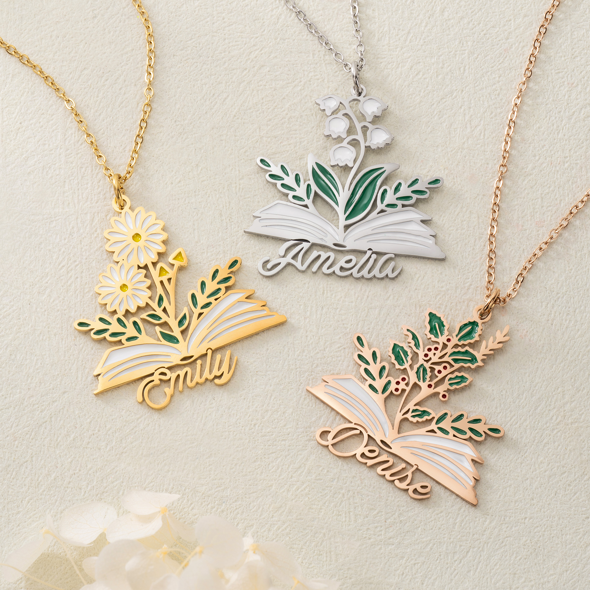Personalisierte Halskette mit Buch in Form einer Geburtsblume und Namen – zierlicher Schmuck als Weihnachts-, Jubiläums- oder Geburtstagsgeschenk für Frauen