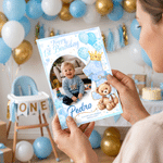 Personalized Happy 1st Birthday Baby Photo Cute Bear Greeting Card with Name and Text Family Party Birthday Gift for Baby Mom Dad