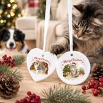 Personalised Watercolor Style Christmas Lights Pet Portrait Circle Heart Ceramic Ornament with Name Home Decor Christmas Gift for Pet Owners