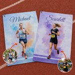 Personalised Watercolor Marathon Themed Quick Dry Sports Towel with Photo Name and Lanyard Marathon Race Day Birthday Gift for Marathon Runners 1