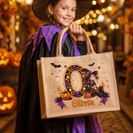 Personalised 3D-Effect Artwork Halloween Witch Vampire Character Photo Large Capacity Jute Bag with Initial and Name Halloween Gift for Kids