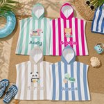 Personalized Cute Cartoon Pattern Multicolor Stripe Quick Drying Hooded Beach Towel with Name Travel Beach Use Birthday Gift for Kids Family 2