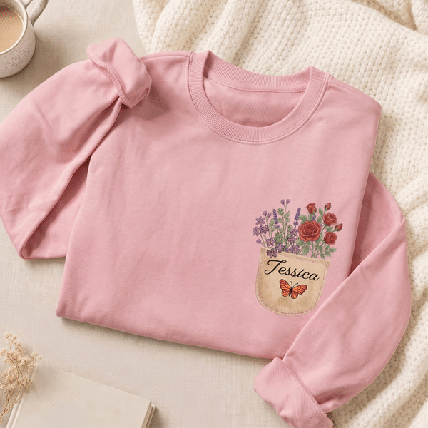 Personalised Multicolour Birth Flower Pocket Soft T-shirt Sweatshirt Hoodie with Name Daily Wear Birthday Gift for Woman