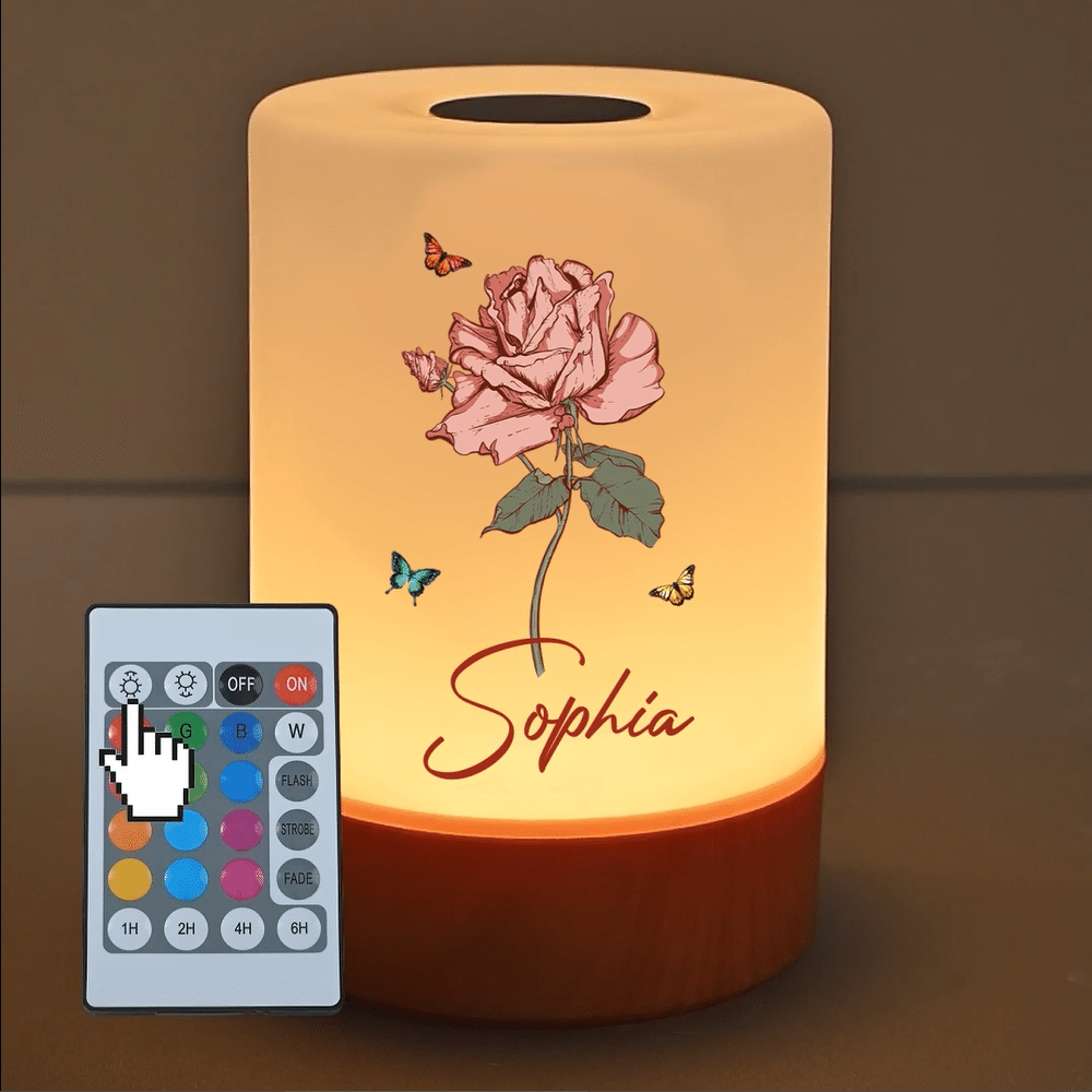 Personlig nattlampa i vintage-stil med födelsedagsblomma, dimbar, pekskärm och uppladdningsbart batteri – med namn – sovrumsdekoration, present till födelsedag eller inflyttning för kvinnor och vänner 3