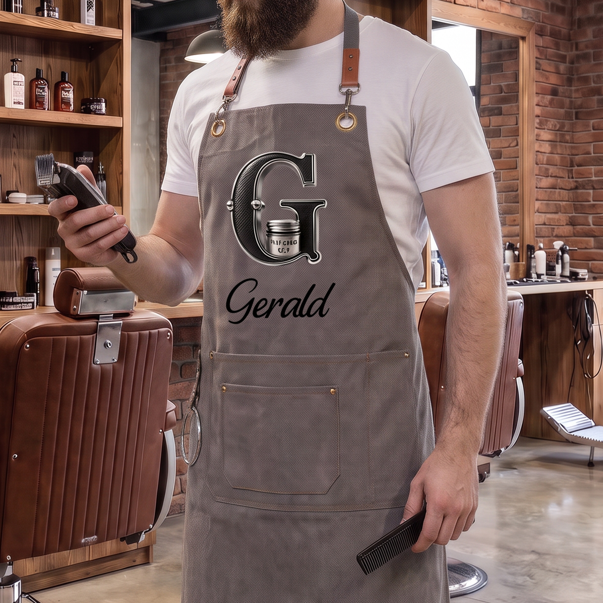 Individuell gestaltete Leinwandschürze im Friseur-Design mit 3D-Effekt, Namen und Tasche – Küchenaccessoire, Geschenk zum Geburtstag, zum Jubiläum oder zum Berufseinstieg für Salonmitarbeiter