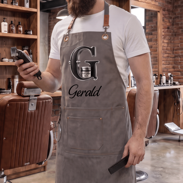 Personalized 3D-Effect Artwork Barber Theme Canvas Apron with Name and Pocket Kitchen Accessory Birthday Anniversary New Job Gift for Salon Workers