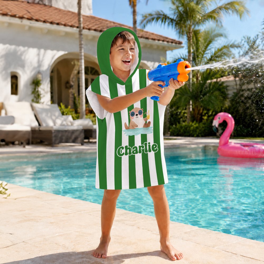 Personalized Cute Cartoon Pattern Multicolor Stripe Quick Drying Hooded Beach Towel with Name Travel Beach Use Birthday Gift for Kids Family 6