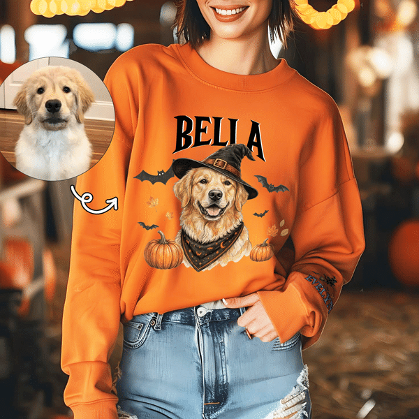 Personalised Halloween Witch Hat Pet Portrait T-shirt Sweatshirt with Name Funny Halloween Gift for Pet Lover Friend