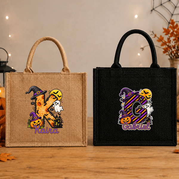 Personalized Halloween Theme Initial Large Capacity Jute Tote Bag with Name Halloween Party Gift for Family Friends Kids