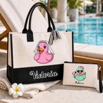 Bolso tote personalizado con un simpático patito amarillo, de gran capacidad; neceser portátil con nombre; regalo de cumpleaños o aniversario para novia, hermana o niña