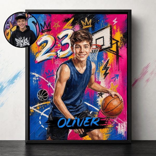 Personalised Graffiti Oil Painting Style Photo Canvas Prints with Name and Number Home Decor Ship from USA Birthday Gift for Basketball Players