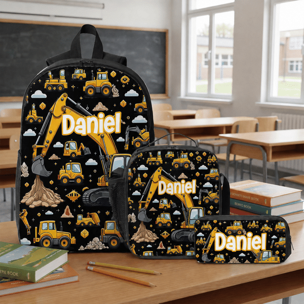 Personalized Engineering Vehicle Bulldozer Backpack Lunch Bag Pencil Case Set with Name Daily Use Back to School Gift for Kids Boys Students