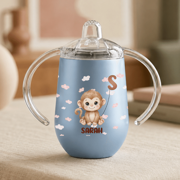 Personalized Cute Cartoon Animal Cloud Star Moon 10 oz Insulated Sippy Cup with Initial Name and Handle Baby Shower Birthday Gift for Kids