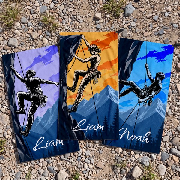 Personalised Multicolour Outdoor Rock Climbing Silhouette Super Absorbent Sports Towel with Name Birthday Gift for Rock Climbing Lover