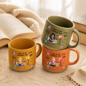 Personalized Cartoon Reading Character Birth Flower 12 oz Pottery Cup with Name Daily Use Birthday Book Club Gift for Book Lovers Bookworms