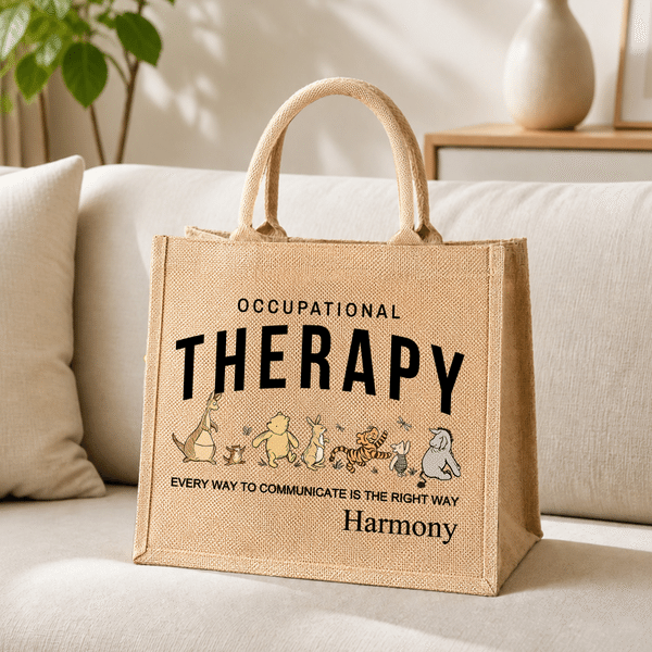 Personalized Classic Winnie the Pooh Occupational Therapy Large Capacity Jute Tote Bag with Name and Text Birthday Gift for Occupational Therapists