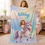 Personalised 3D Cartoon Clouds Fantasy Unicorn Soft Throw Blanket with Name Photo Children's Day Birthday Gift for Girl Kids