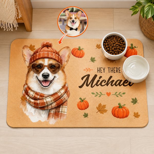 Gepersonaliseerde voer- en drinkmat in aquarelstijl met huisdierportret, herfstmotief met pompoen en antislip, voorzien van naam – een ideaal cadeau voor een housewarming of Halloween voor huisdiereig
