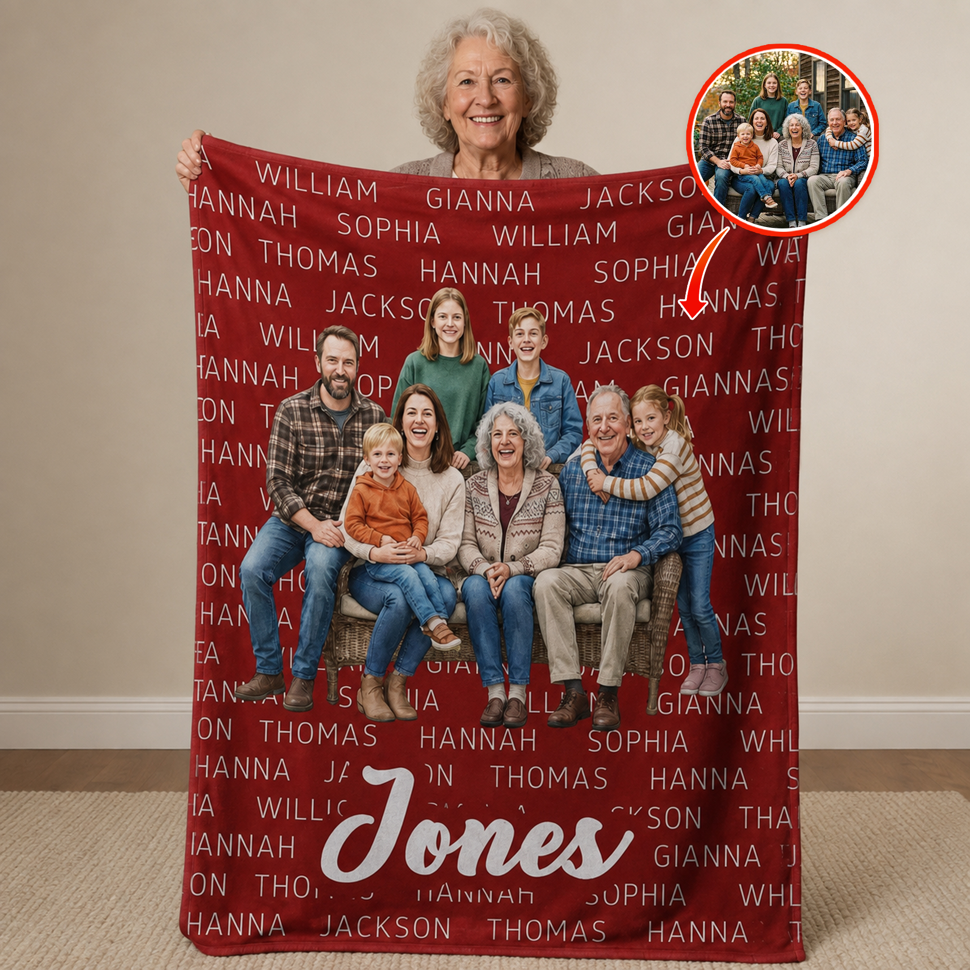 Individuell gestaltete, farbenfrohe Familien-Decke mit den Namen der Familienmitglieder und einem Text – Wohnaccessoire, Hochzeits- und Geburtstagsgeschenk für Familien und Eltern