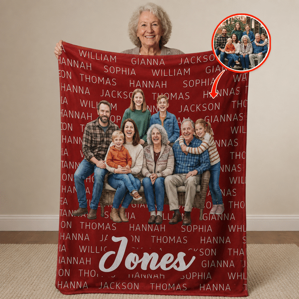 Personalized Colourful Family Photo Soft Throw Blanket with Family Member Names and Text Home Decor Wedding Birthday Gift for Families Parents