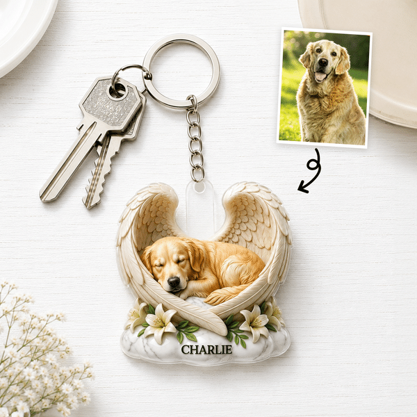 Personalised 3D-Effect Artwork Pet Photo Angel Wings Clear Acrylic Keychain with Name Memorial Gift for Pet Owners Lovers
